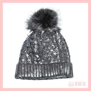 Adrienne Landau Metallic Cable Knit Beanie with Faux Fur Pom